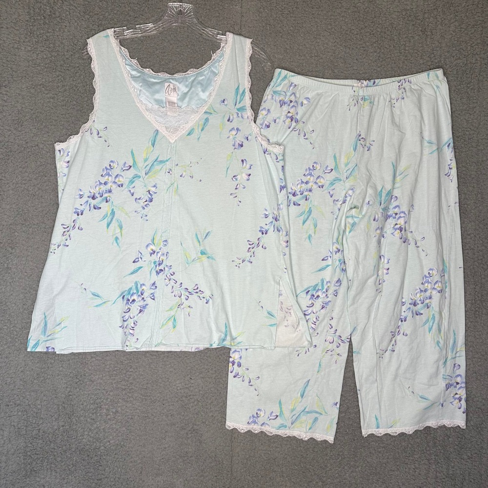 Aria Womens Mint Green Floral 100% Cotton Pajama Set Lace Trim Medium ABT11128